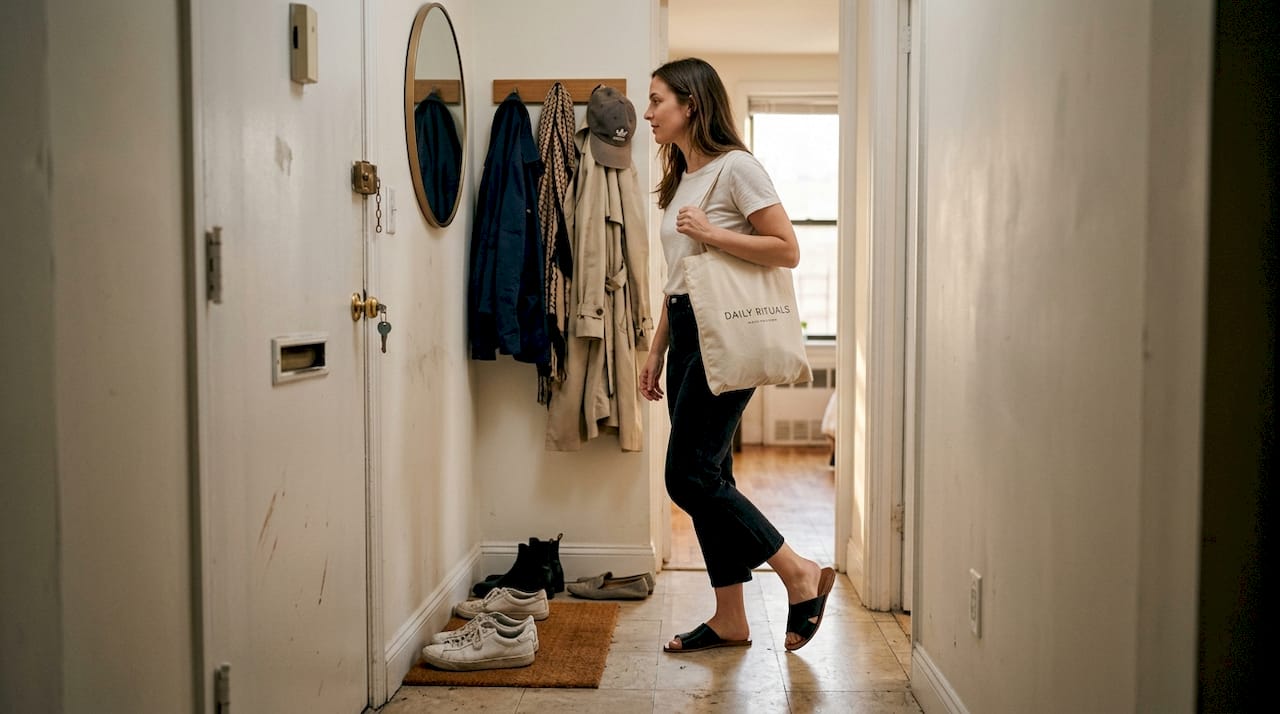 Woman putting on slides in entryway