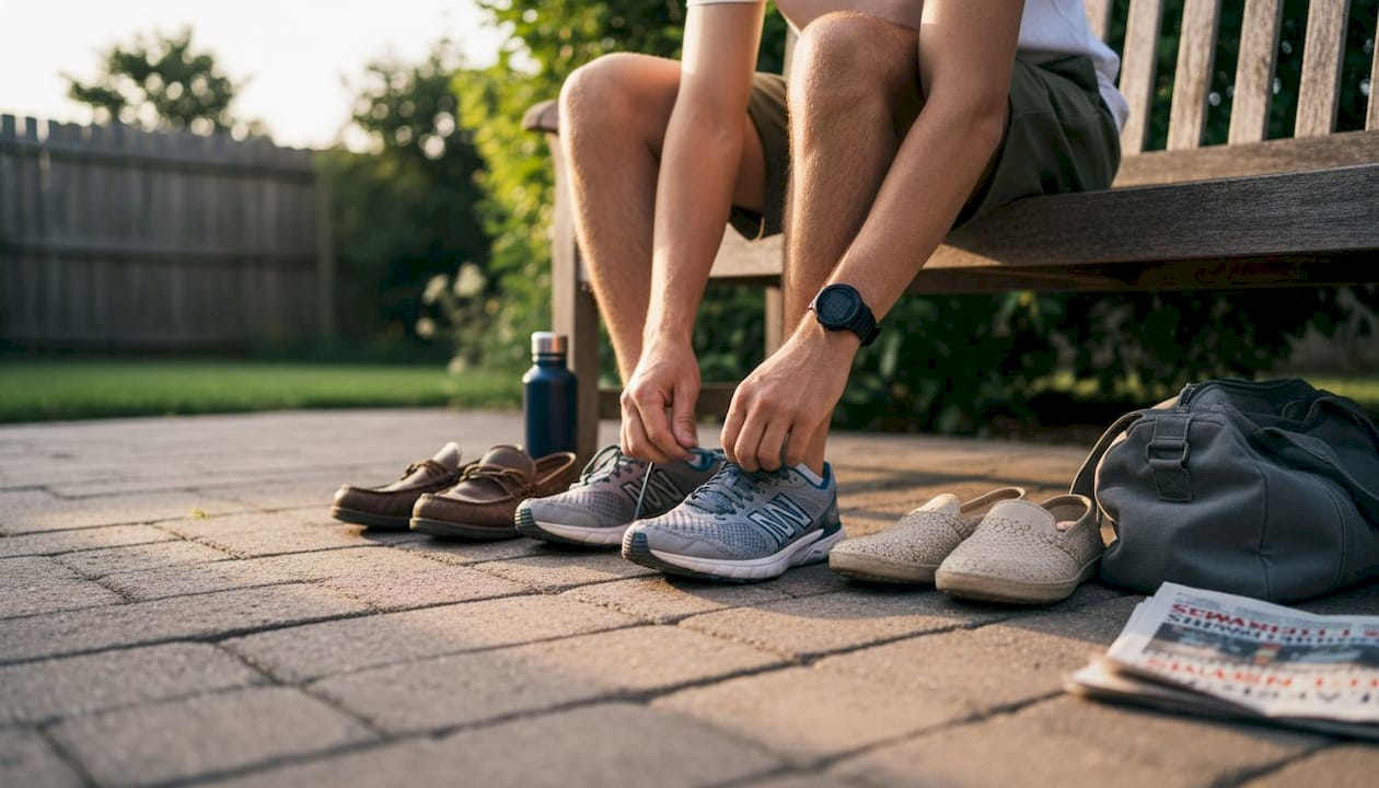 Man swapping shoes for different activities
