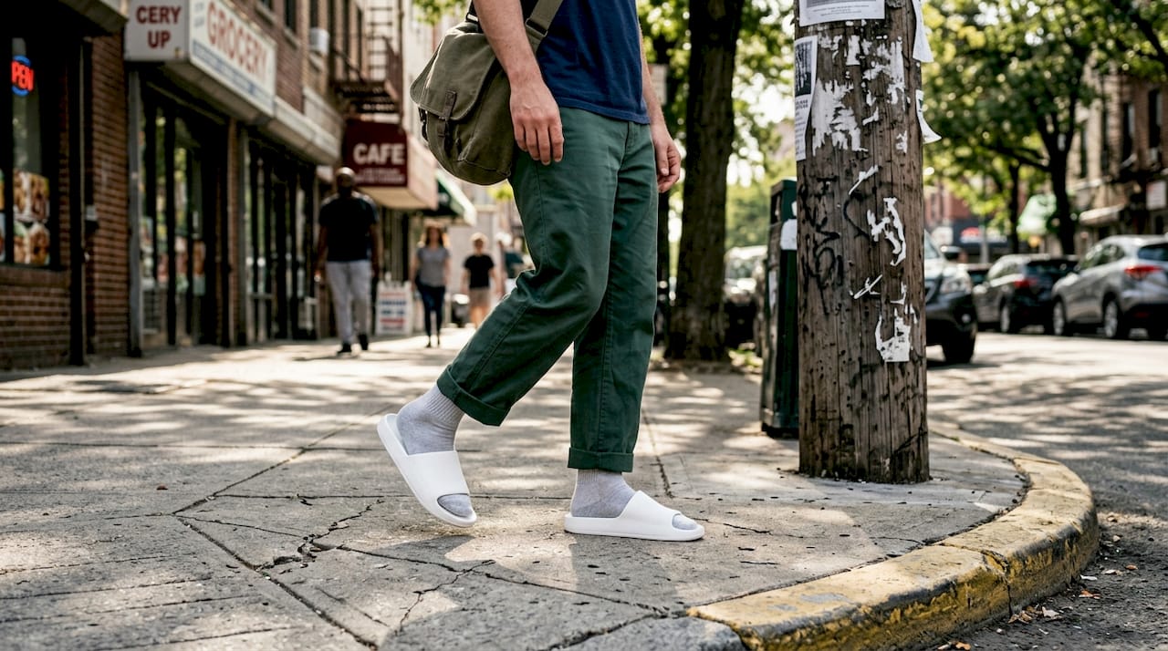 Man in EVA foam slides walking on sidewalk