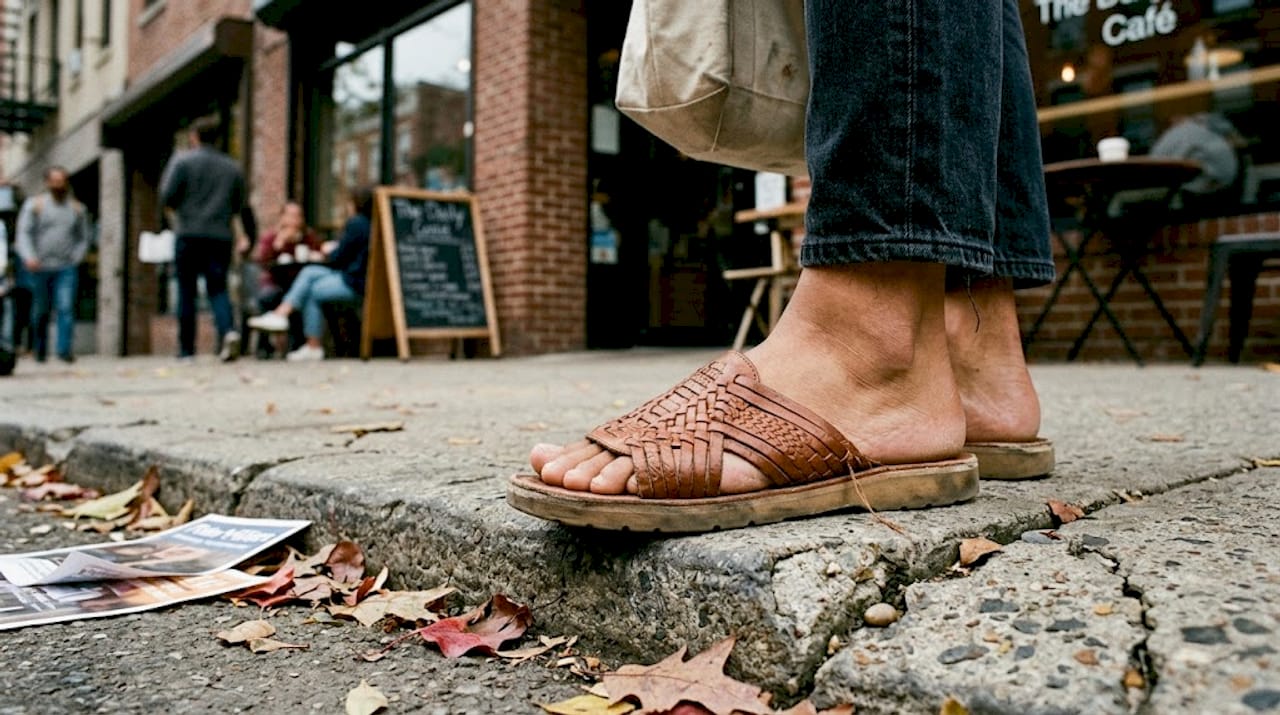 Closeup premium slides worn on cracked sidewalk