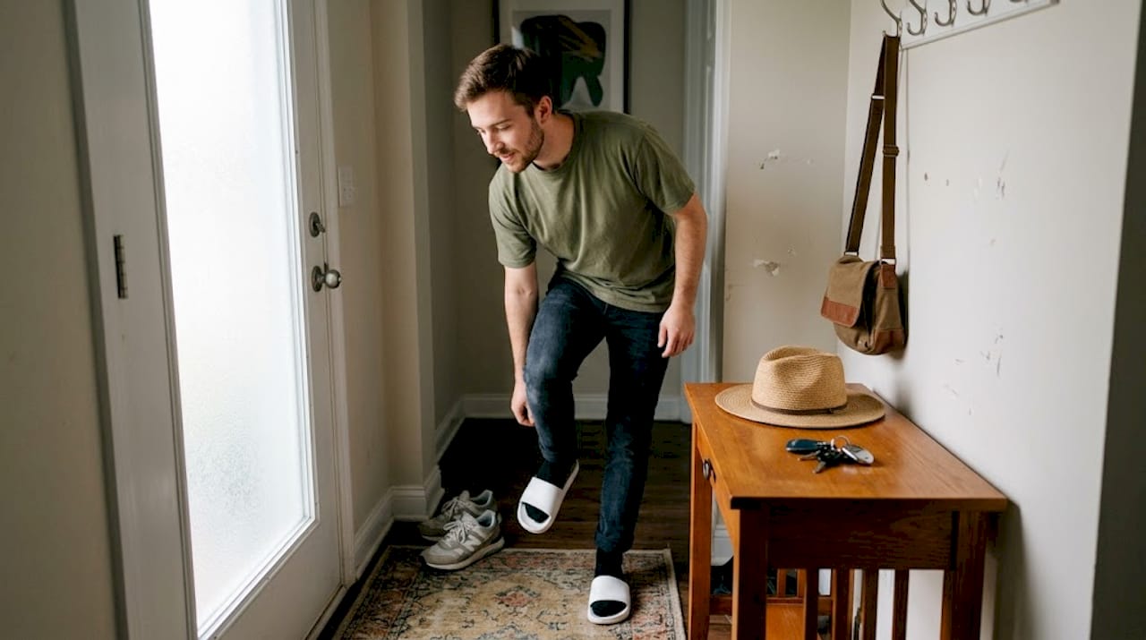 Man accessorizing slides before going out