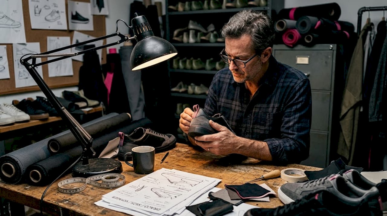 Designer inspecting luxury shoe seam quality