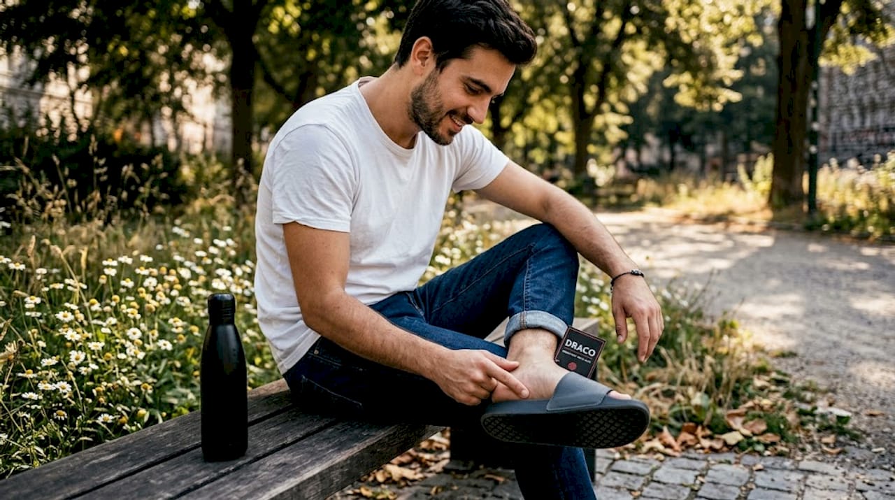 Man inspecting comfort features on sandals