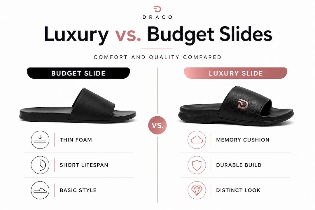 Infographic comparing budget and luxury slide sandals
