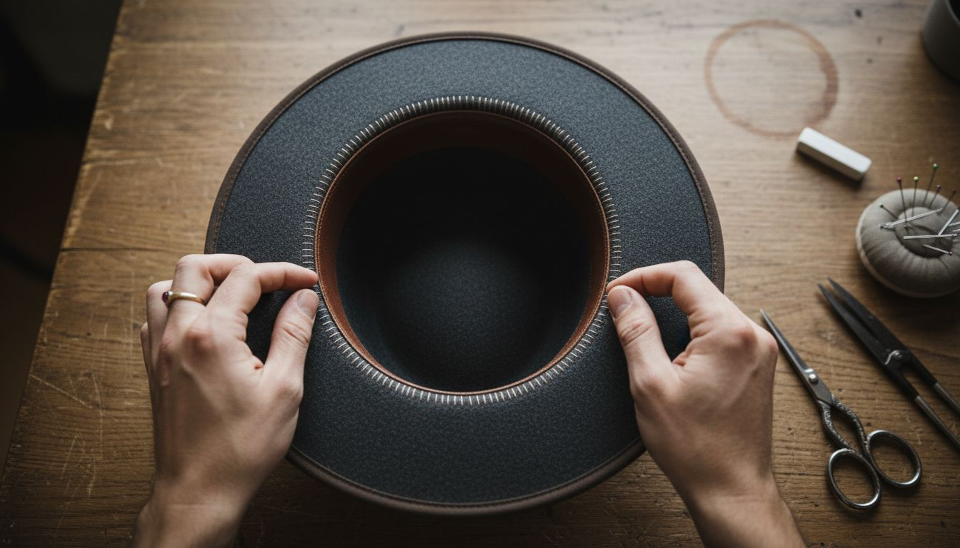 Hands inspecting hat stitching up close
