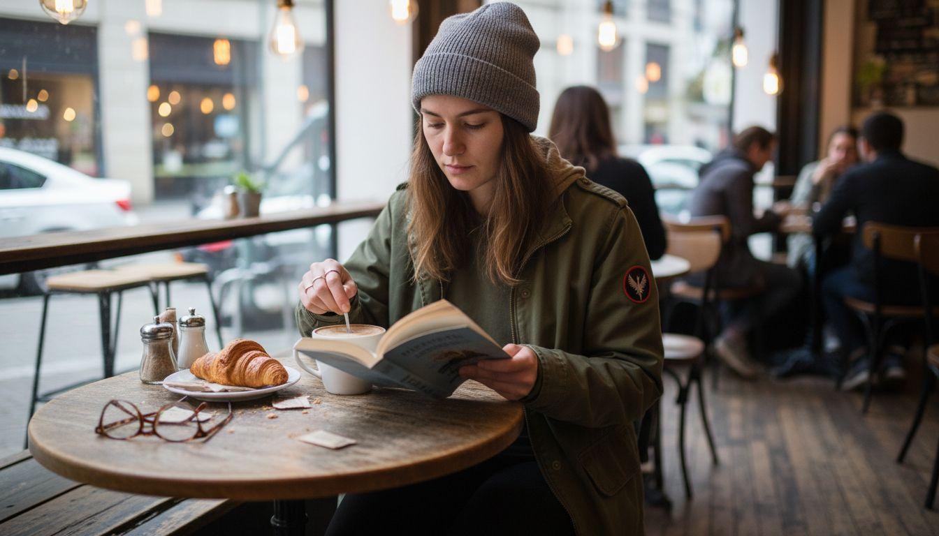 Woman in beanie reading in coffee shop