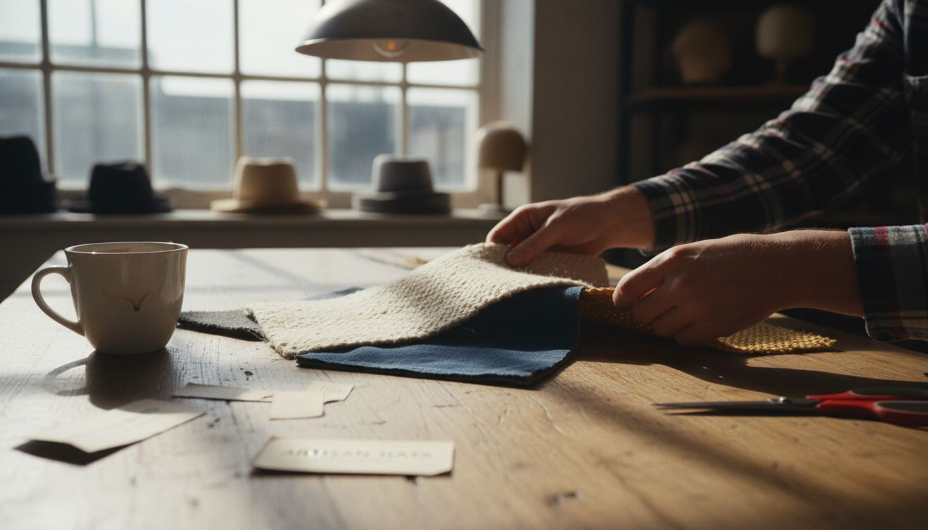 Hands selecting premium hat materials close up
