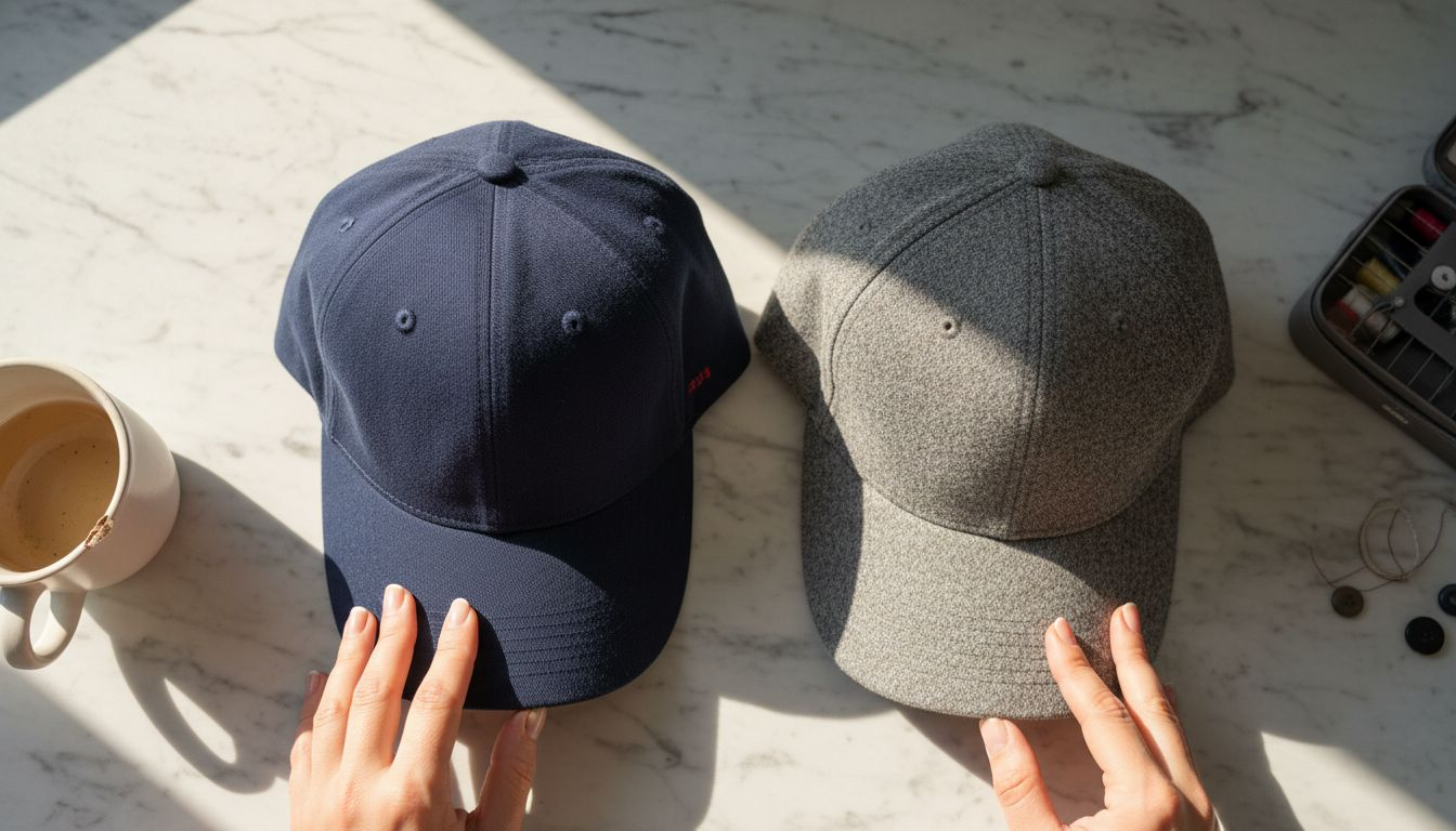 Hands comparing fabric on two baseball caps