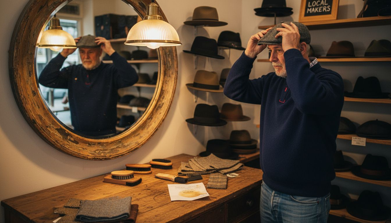 Man adjusting flat cap in vintage hat shop