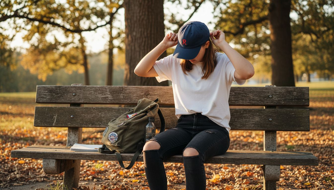 Girl adjusting snapback cap closure outdoors