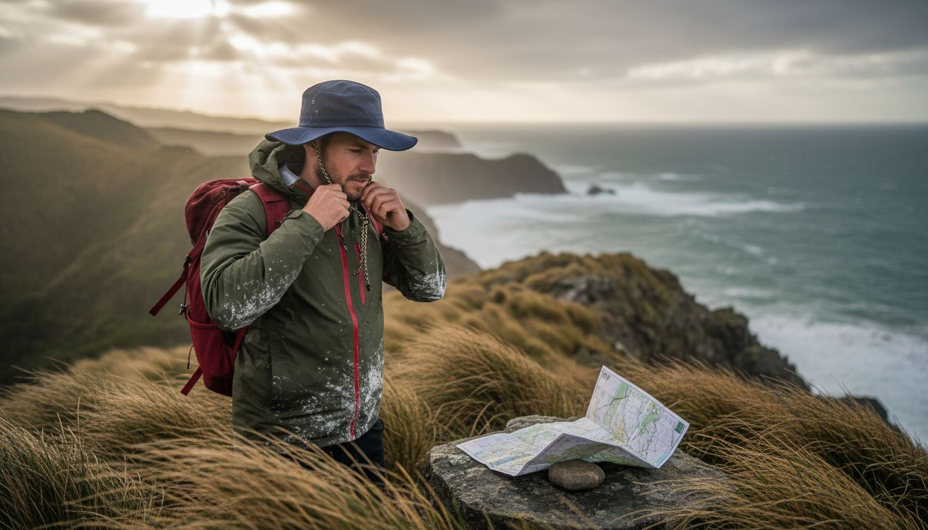 Man securing hat on windy New Zealand coast
