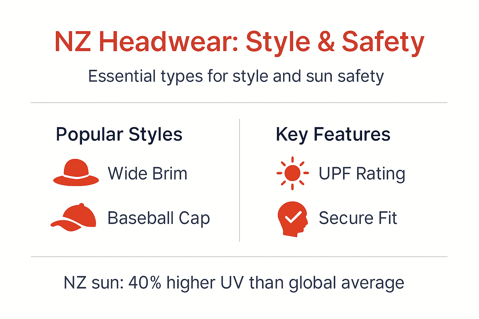 Infographic on NZ headwear styles and UV features
