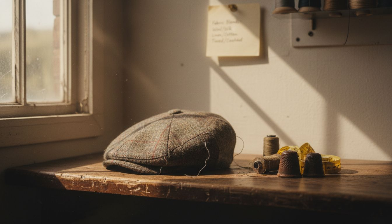 Detail of tweed flat cap in workshop