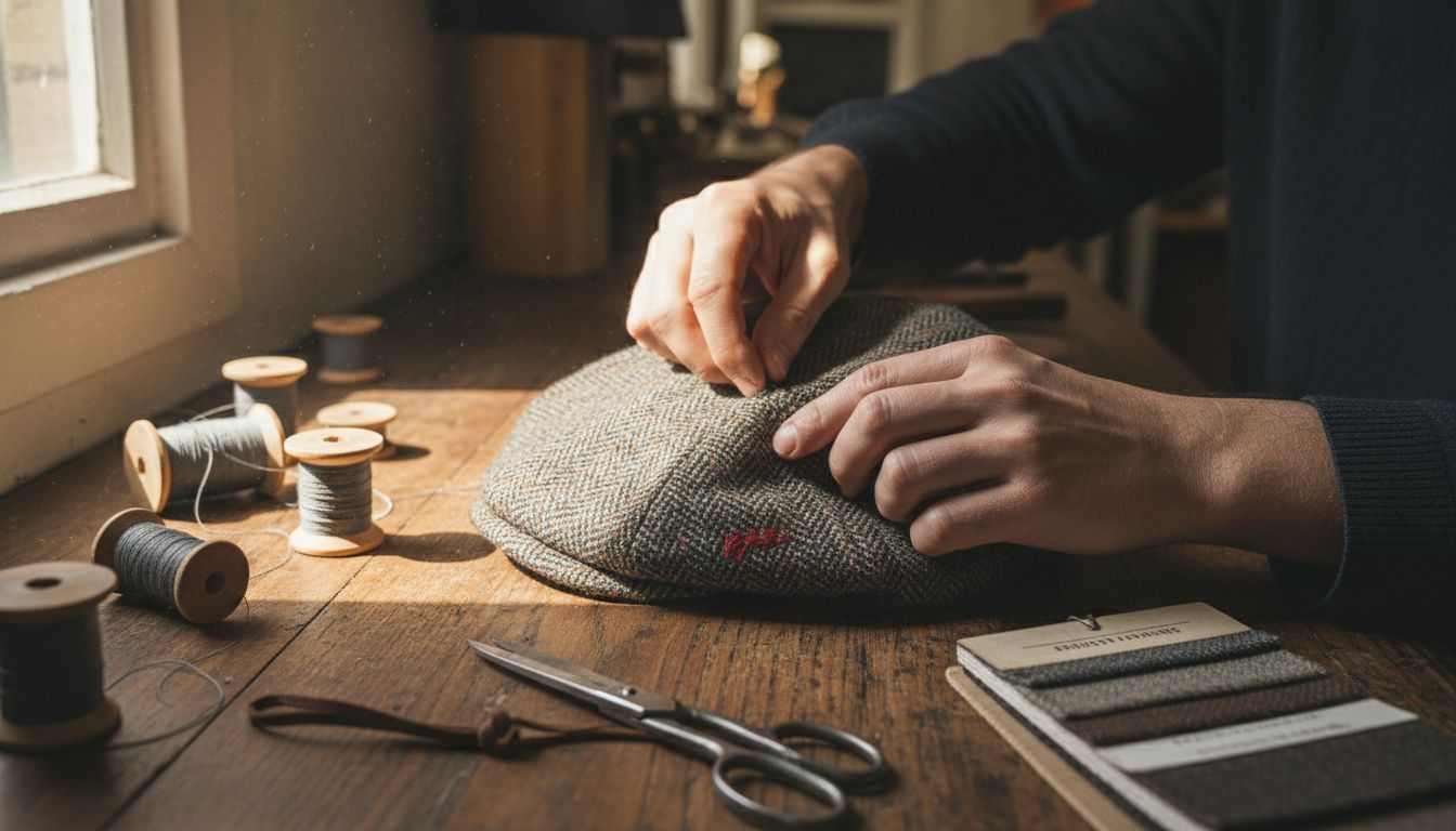 Hands stitching flat cap in workshop detail