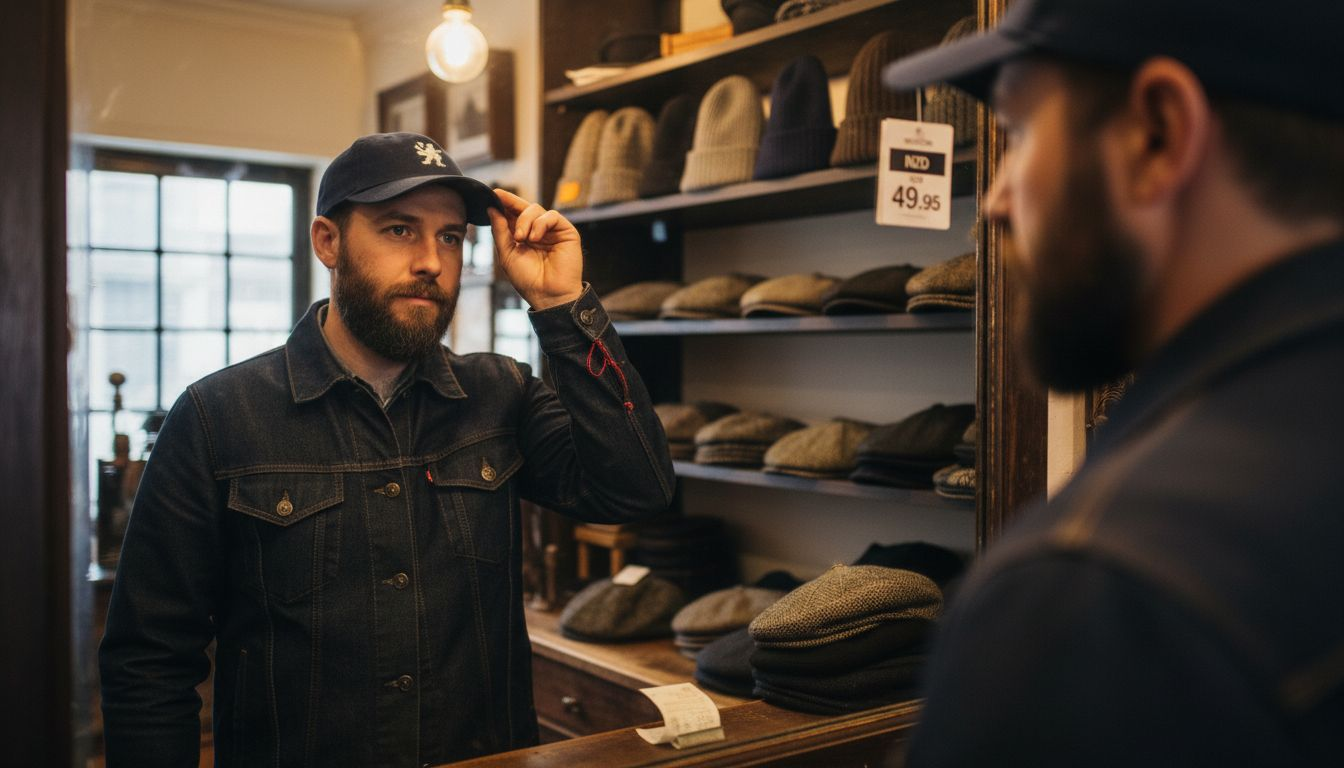 Man choosing between cap styles in shop
