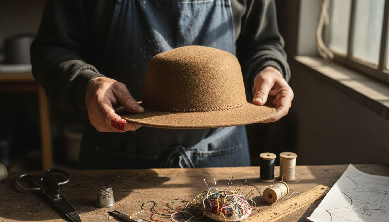 Hand-stitching and felt hat details on workbench