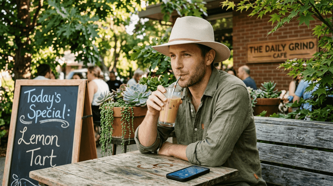 Coronado-style hat at local café outdoors