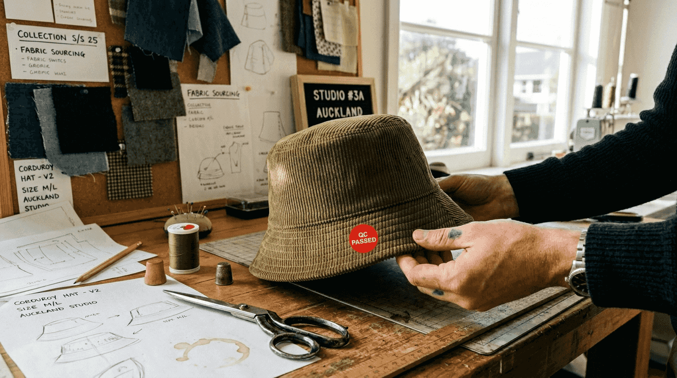 Corduroy bucket hat on designer’s worktable