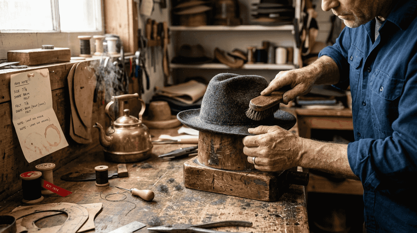 Detail of hands shaping woolen fedora