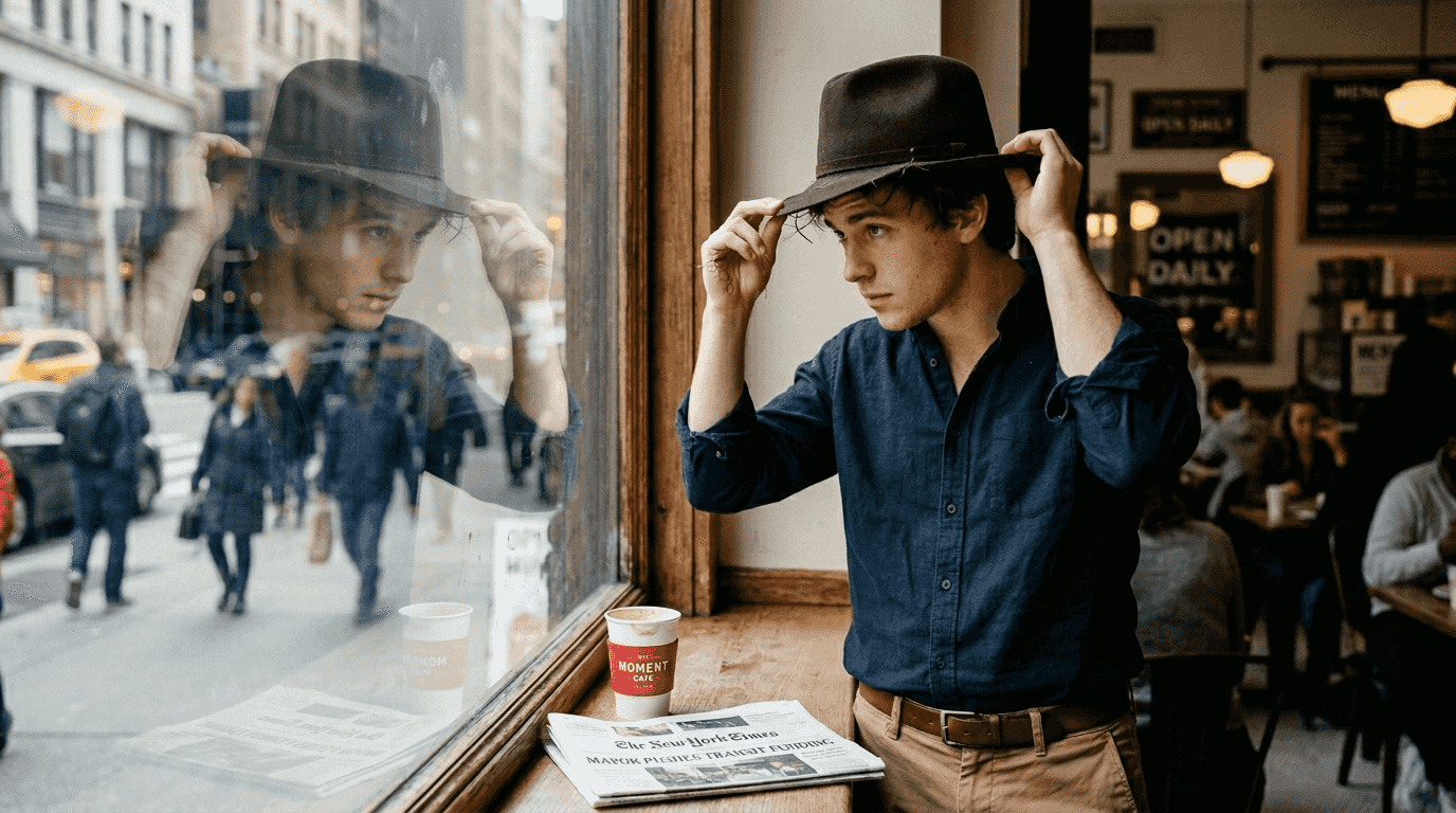 Man trying tall-crown fedora by café window