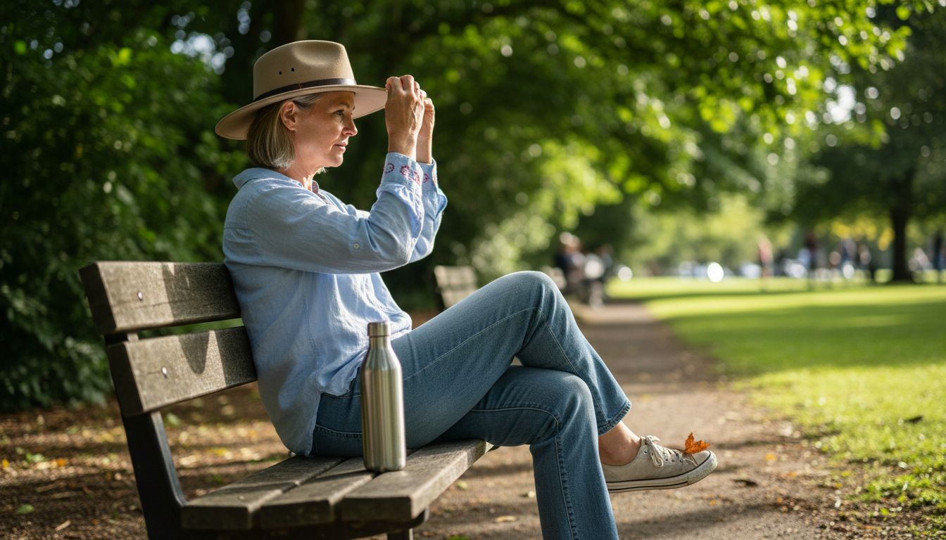 Woman adjusting wide-brim Akubra outdoors