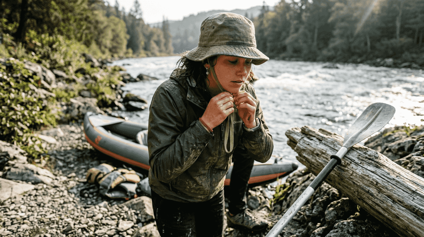 Woman tying bucket hat strap by river with kayak
