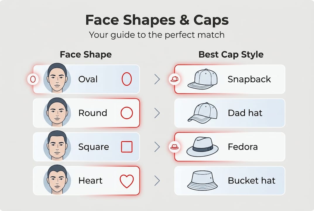 Infographic showing face shapes and cap style matches