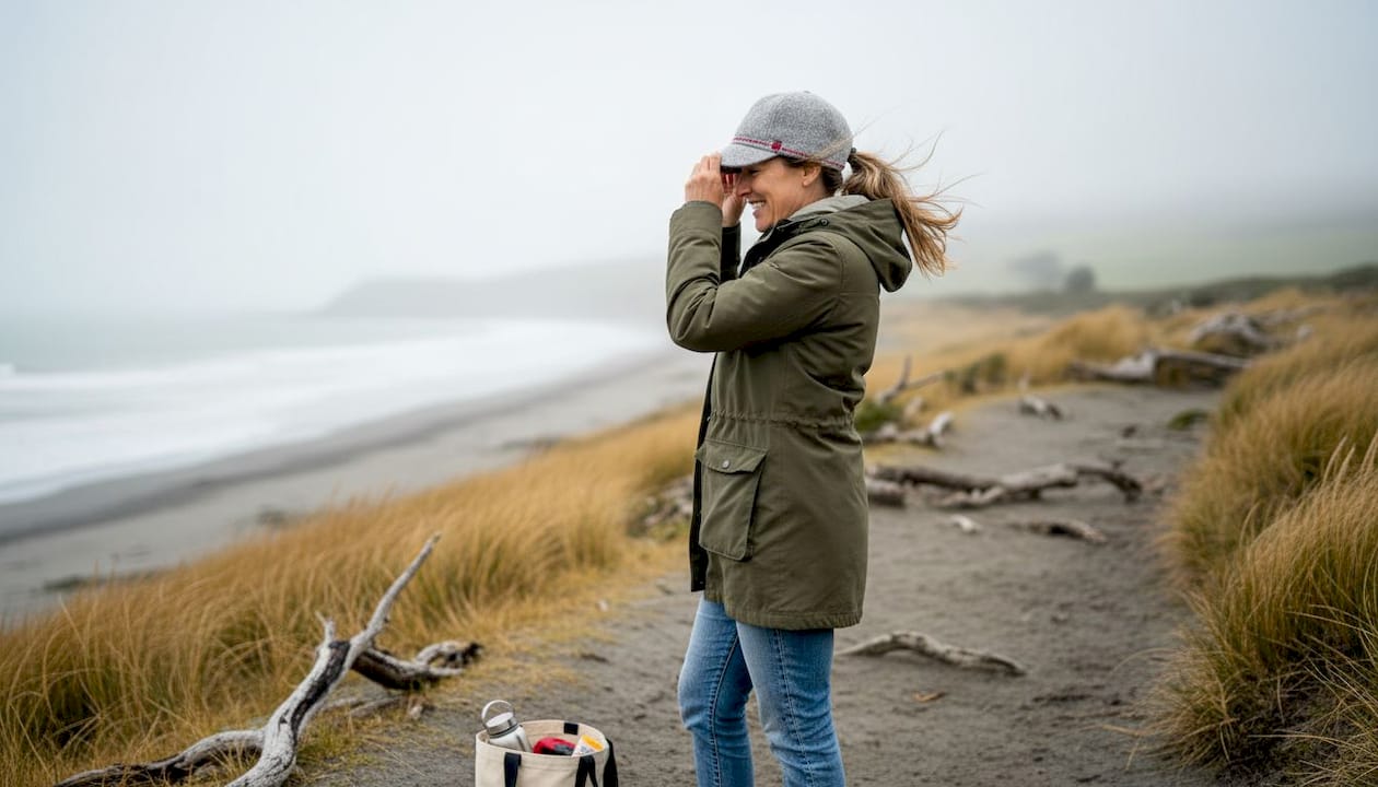 Woman wearing wool cap by NZ coast