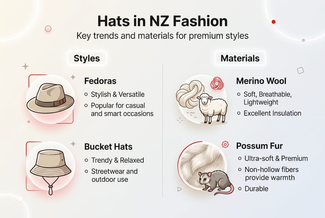 Infographic showing top NZ hat styles and materials