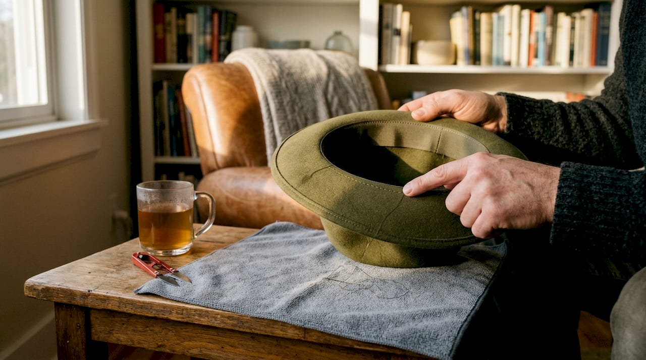 Hands checking premium hat seam detail