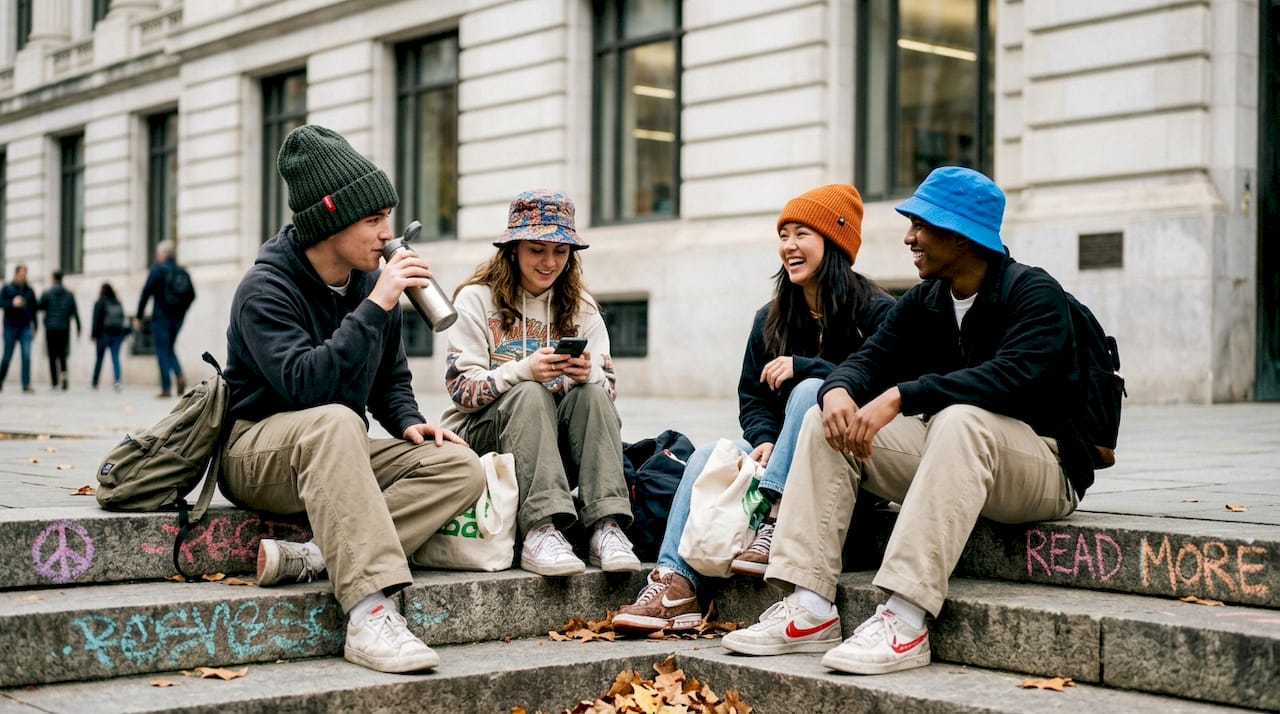 Group of friends in bucket hats outside library