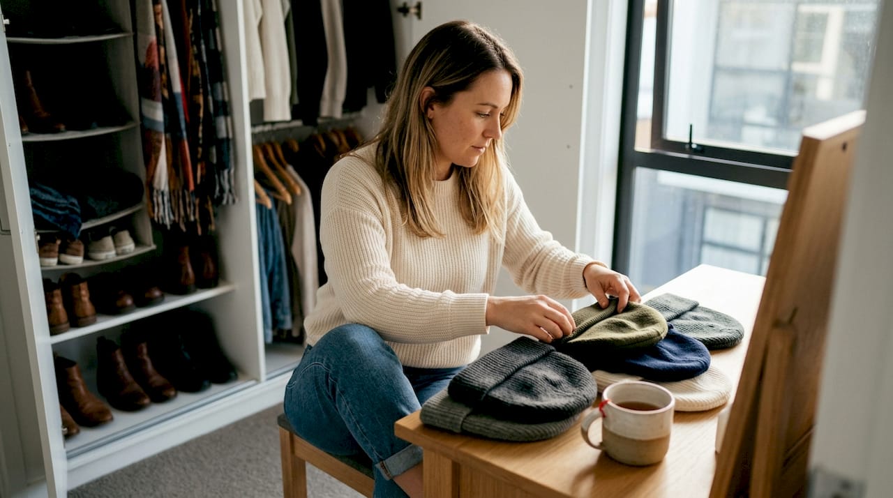 Woman choosing neutral merino beanies