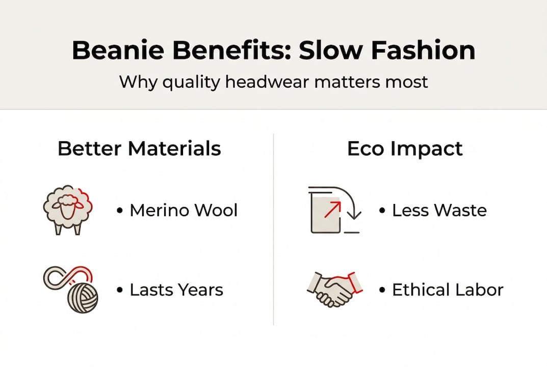 Infographic showing slow fashion beanie benefits