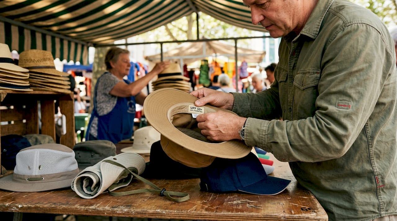 Close-up of hands inspecting wide-brim hat