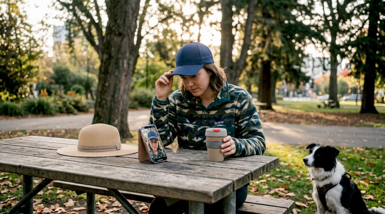 Woman comparing wide brim and cap outdoors