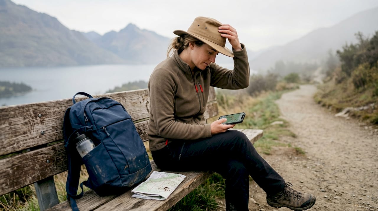 Woman adjusts adventure hat on hiking trail