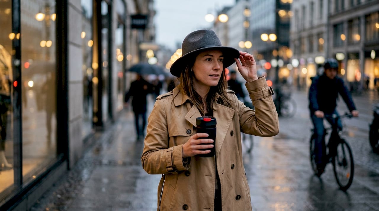 Woman styling durable hat on rainy city street