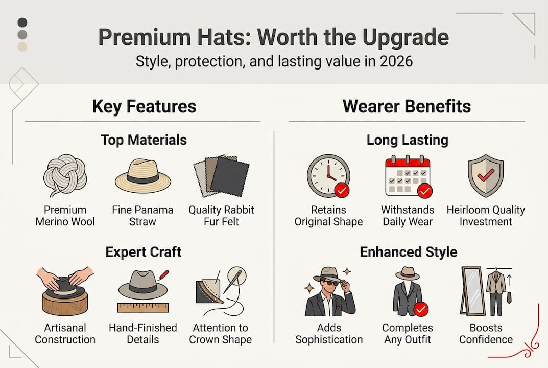 Infographic summarizing premium hats' features and benefits
