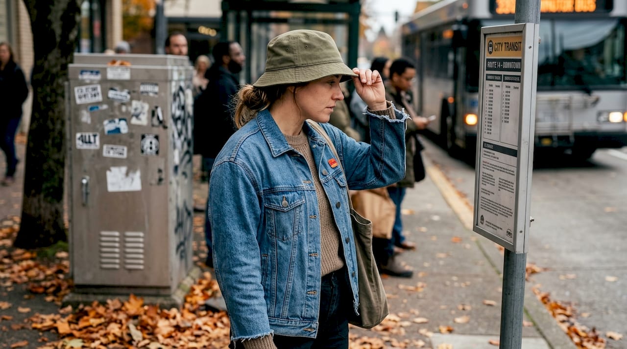 Woman adjusting premium hat at city bus stop