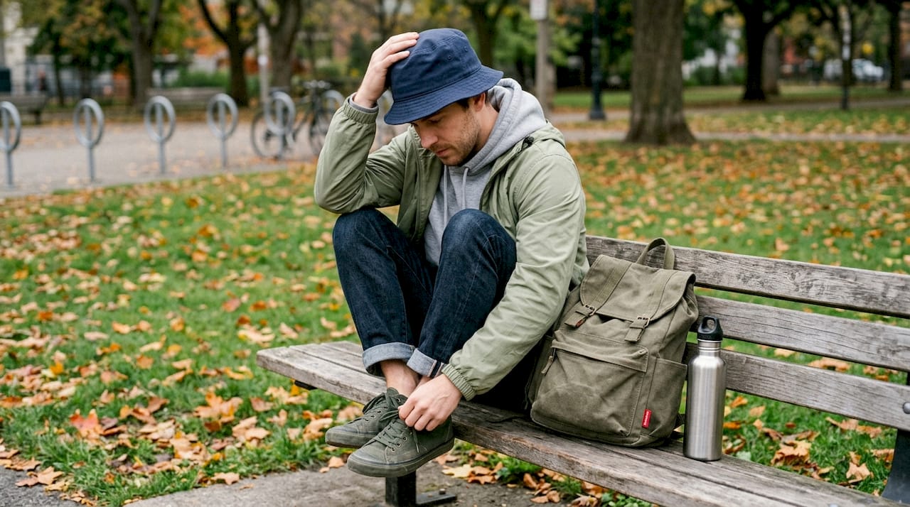 Man with bucket hat sitting in park tying shoes