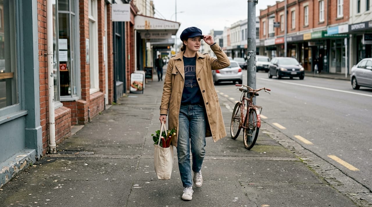 Woman wearing heritage cap on city sidewalk