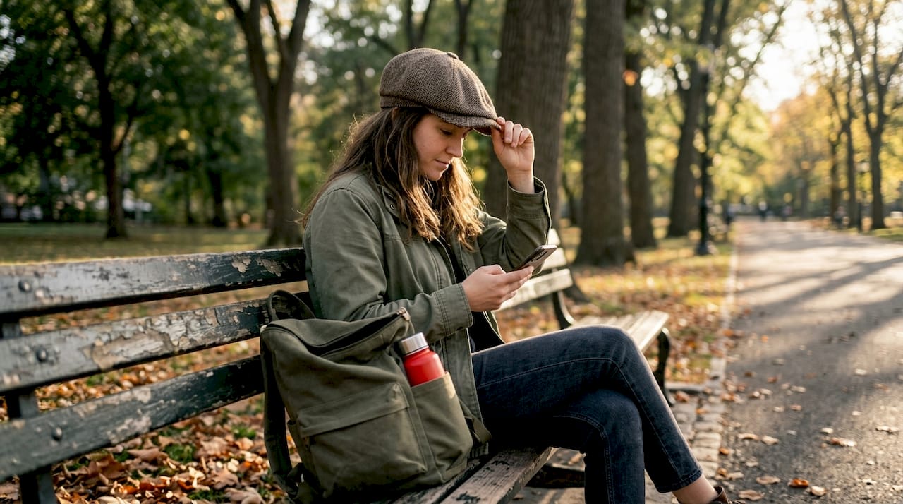 Woman in wool cap sitting on park bench