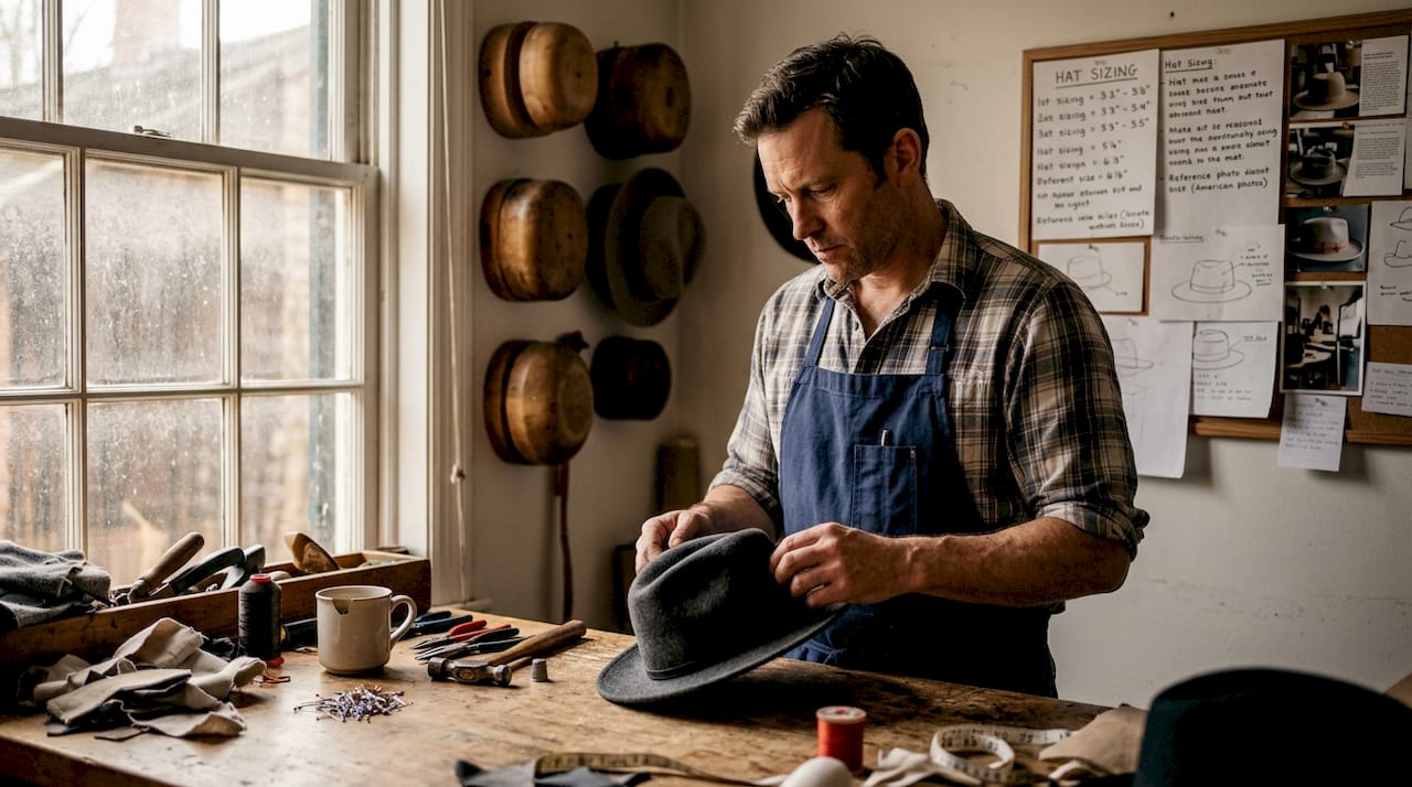 Artisan checking craftsmanship of wool hat