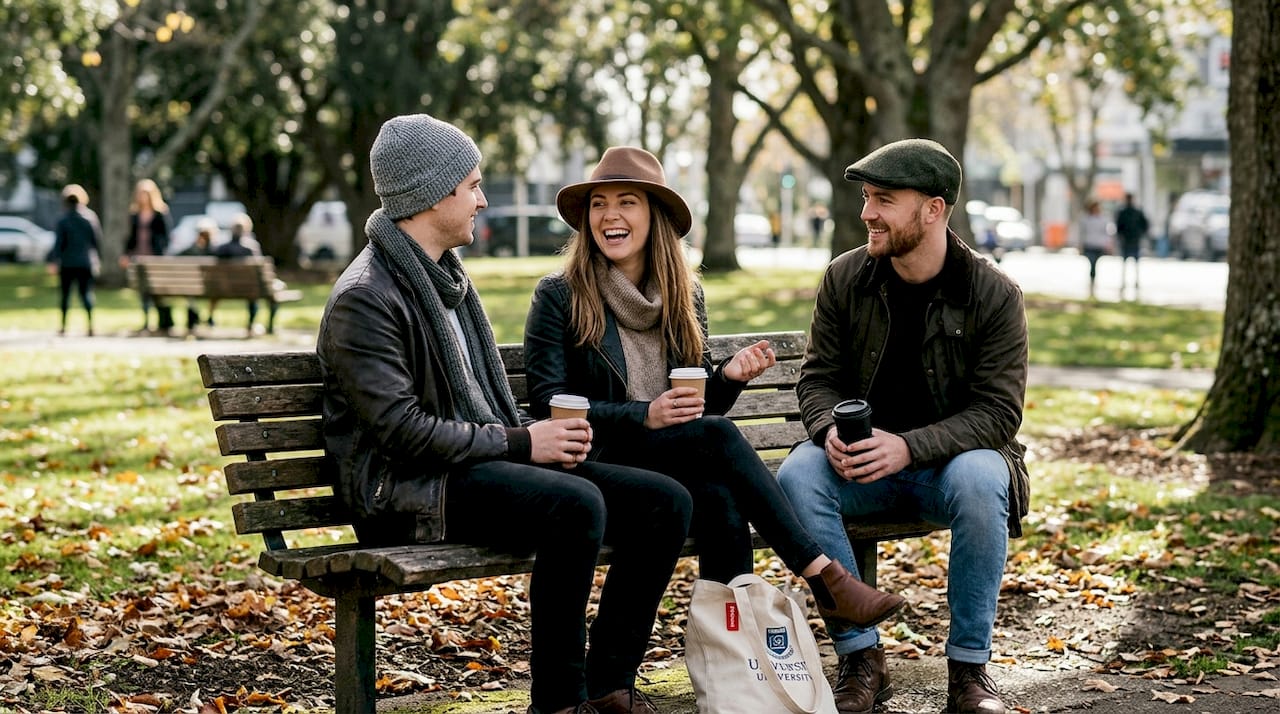 Three friends with different wool hats in park