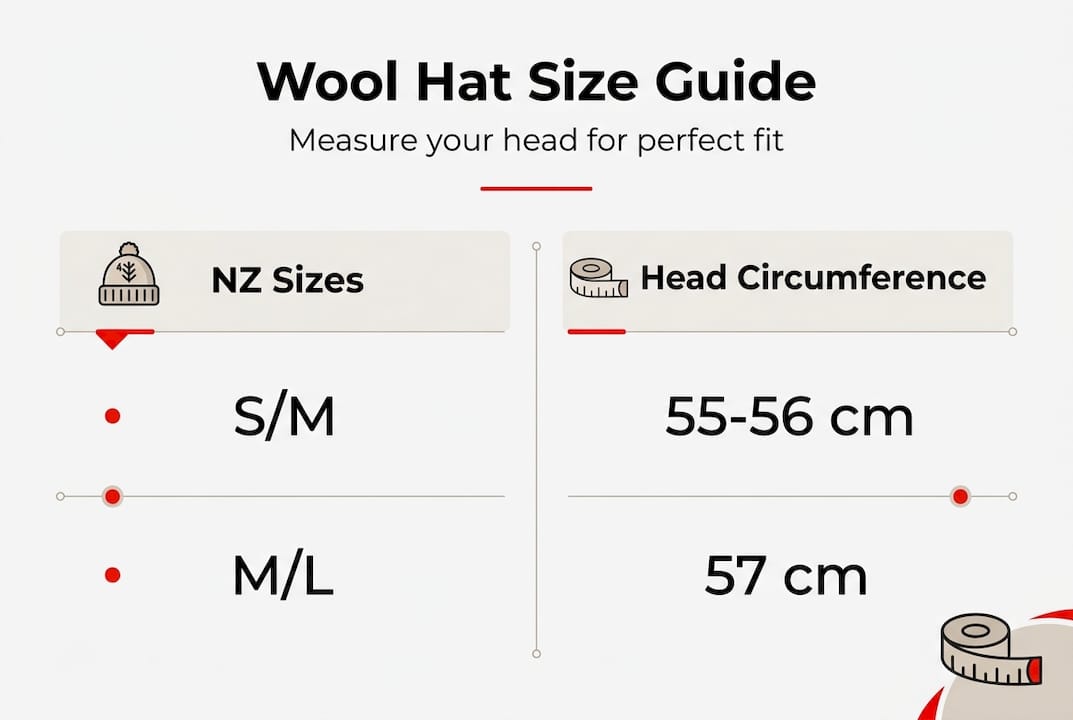 Infographic showing New Zealand wool hat sizing
