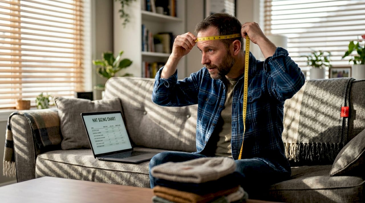 Man performing head measurement for hat