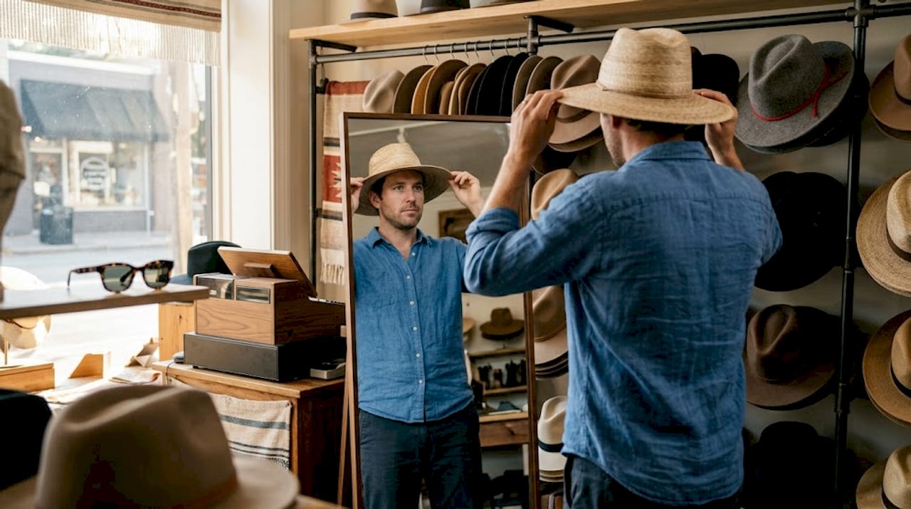 Man checks fit of wide-brim hat in store