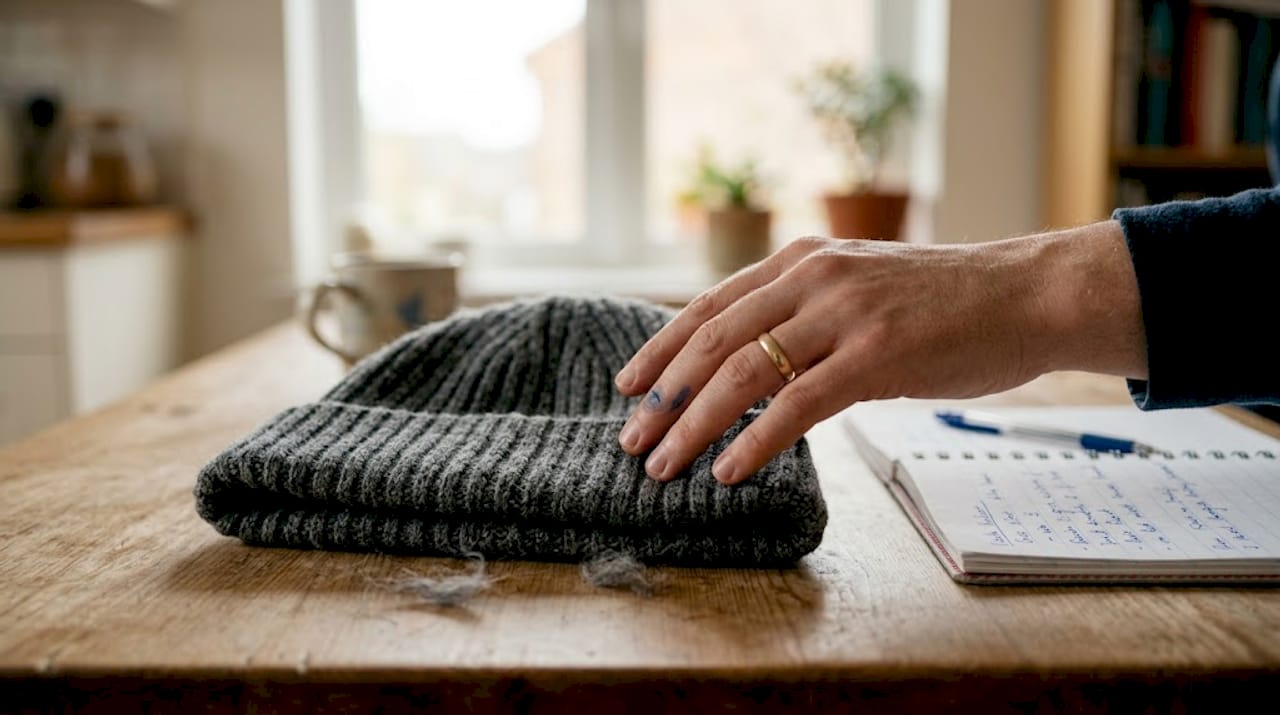Hand inspecting Merino wool hat texture