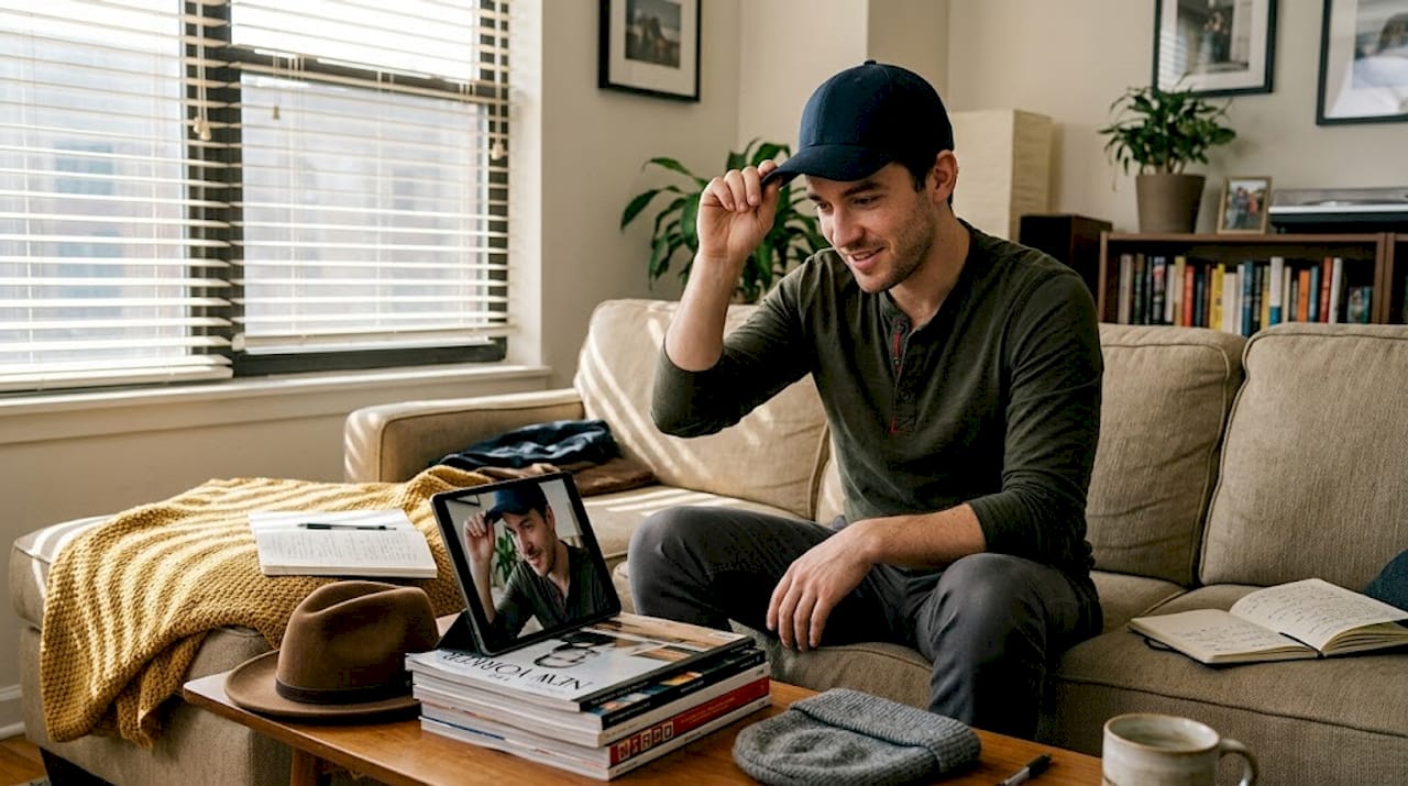 Man trying various hats in living room