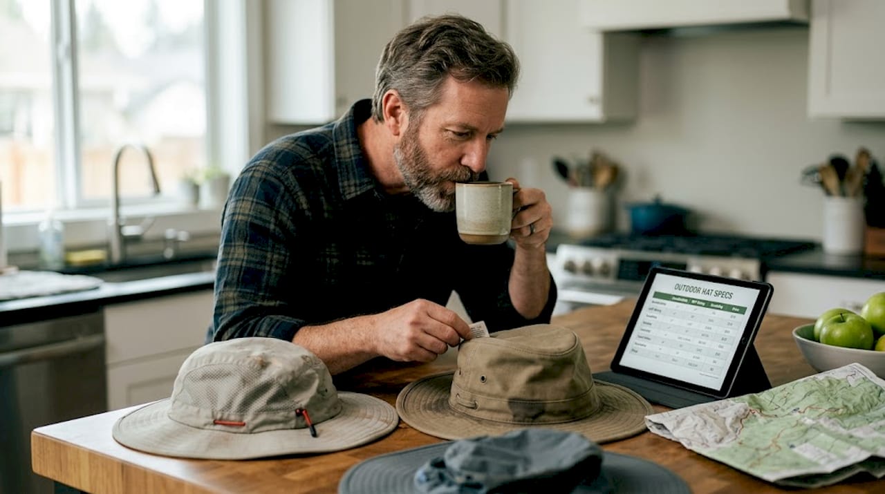 Man inspecting outdoor hat materials at home